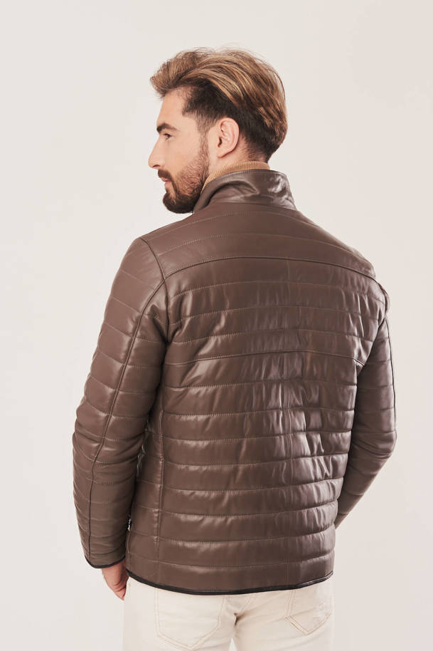 Pánska prešívaná kožená bunda so stojačikom na zips