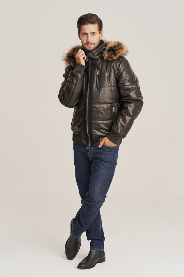 Pánska zimná bunda z pravej kože s odnímateľnou kapucňou